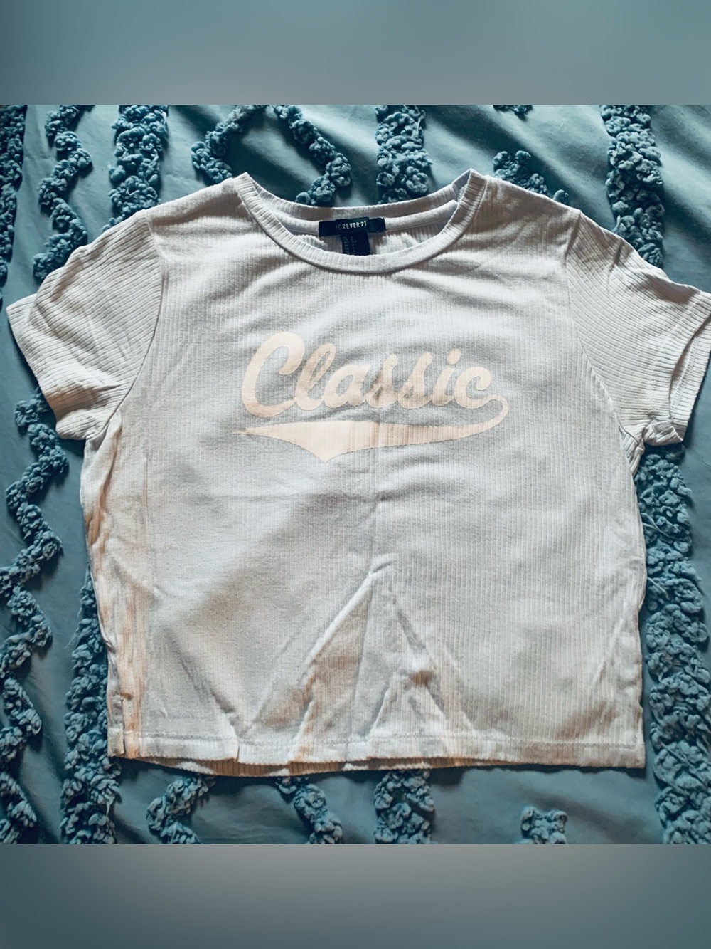 Forever 21 Y2K Light Blue Ribbed Cropped Baby Tee with White ‘Classic’ Script